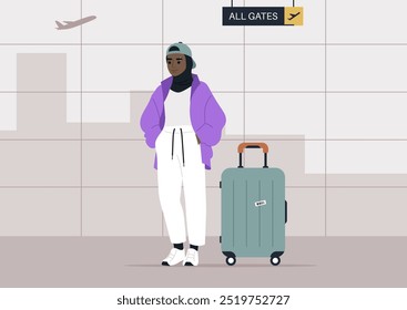 A young girl in a hijab stands confidently at the airport, preparing for her journey as planes take off in the background under bright morning lights