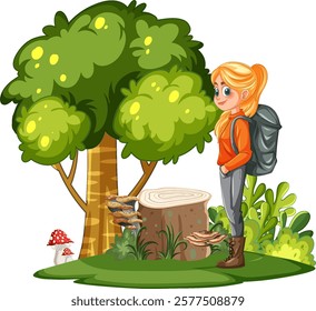 Young girl hiking with backpack in forest