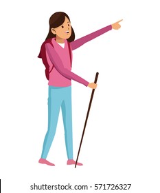 young girl hiking backpack with walking stick
