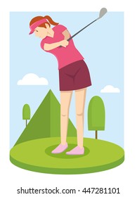 A young girl hit the golf ball in golf course