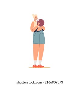 Young girl hold ball for bowling game. Happy active female playing bowling at leisure time. Recreation activity and entertainment concept. Cartoon flat vector illustration