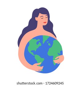 Young Girl Hold Planet Globe.Save Healthy Green Nature,Energy, Ecology Support. Earth Day International Holiday. Vector Illustration