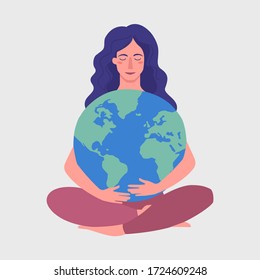 Young Girl Hold Planet Globe.Save Healthy Green Nature,Energy, Ecology Support. Earth Day International Holiday. Vector Illustration