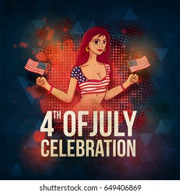 Young Girl holding American Flags on abstract halftone effect background for 4th of July, Independence Day celebration.