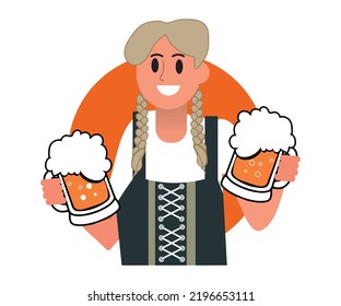 young girl holding beer mugs, illustration of a woman celebrating oktoberfest.