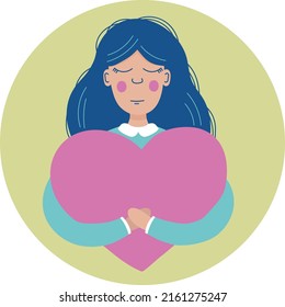 Young girl holding a big heart. Support, love, empathy. Flat vector illustration.