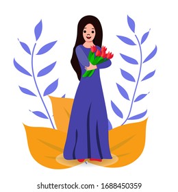 Young girl holding a bouquet of tulips in her hands. Stylized colorful vector illustration.