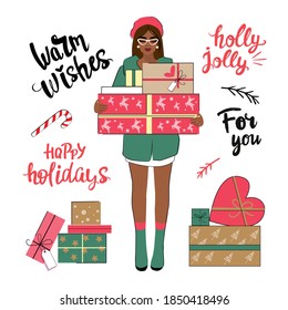 A young girl is holding a lot of boxes with gifts. Holidays lettering. Vector illustration merry christmas and new year card