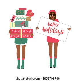 A young girl is holding a lot of boxes with gifts. Christmas and New Year. Vector illustration