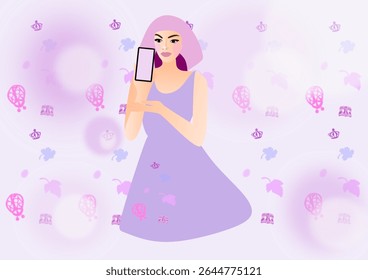 Young girl holding a cell phone in her hands, showing the phone screen, in pink and lavender tones, against the background of a crown, a beetle, a mask, tree leaves.