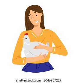 A young girl is holding a chicken in her hands and smiling. Vector illustration on the theme of veganism and vegetarianism.