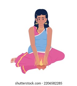 Young girl holding diwali candle semi flat color vector character. Festival of light. Editable figure. Full body person on white. Simple cartoon style illustration for web graphic design and animation