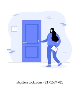 Young girl holding a door knob. Female character knocks on the door. The woman goes for interview. Vector flat illustration