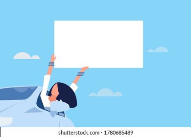 A young girl holding an empty placard out of a car window. With Copy space
