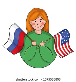young girl holding flags of two countries. flags of russia and usa. Russian girl