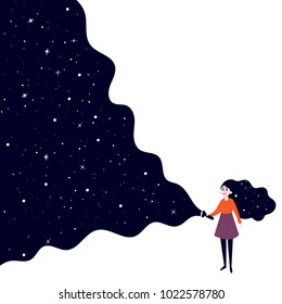 A young girl holding a flashlight shines in the dark and open deep space, stars and sky. Concept of searching, adventure, secrecy and nightdreams. Background is white. Vector flat illustration