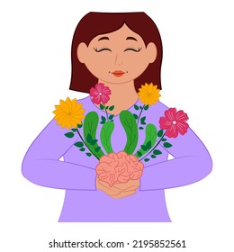 Young Girl Holding Flower Plant Of Brain Against White Background For Mental Healthcare Concept.