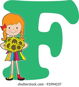 A young girl holding flowers to stand for the letter F