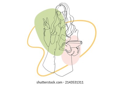 Jovencita sosteniendo el concepto de dibujo de línea continua de la carpeta. Mujer de pie, gestos amistosos y portando documentos. Estudiante o empresaria. Ilustración vectorial en el diseño dibujado a mano para la web