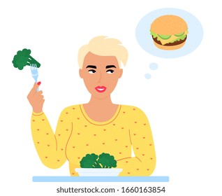 A young girl is holding a fork with broccoli in her hand and she is dreaming of a burger. Healthy vs unhealthy food concept.