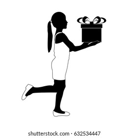 Young girl holding a gift box. Black silhouette. Vector illustration isolated on white background