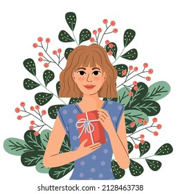 A young girl is holding a gift in her hands. Mother's Day. Women's Day. Birthday. Vector illustration.