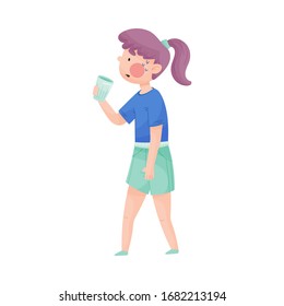 Young Girl Holding Glass of Cool Water and Drinking Vector Illustration