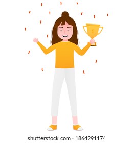 Young girl holding golden trophy, cute winner of competition in school or kindergarden in cartoon style on white background