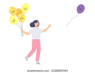 Young girl holding happy balloons and letting go of a sad balloon. Concept of keeping happiness, mental health, good feeling, emotion, self awareness, well-being . Flat vector illustration character.