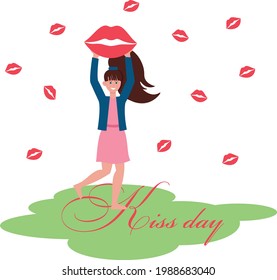 Young girl holding a kiss in her hands.Vector picture.Congratulations.Postcard for the Day of the kiss.