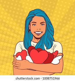 Young Girl Holding Many Hearts Valentines Day Concept Happy Smiling Woman With Blue Hair Over Comic Pop Art Background Vector Illustration