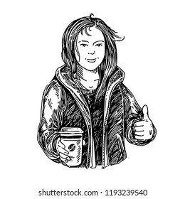 Young girl holding a paper cup of coffee. Engraving style. Vector illustration.
