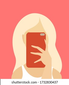 A young girl holding a phone in front of her face. Technology addiction. Vector illustration. 