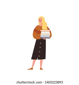 Young girl holding pile of books. Woman hold  pile of books, flat vector illustration.