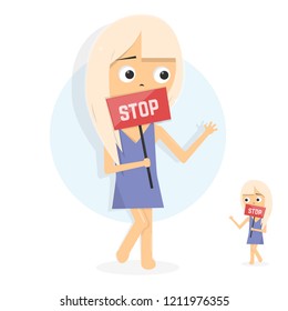 Young girl holding placard with STOP sign.  Hazard warning. Funny animation style.