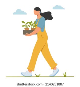 Young girl is holding plants for planting in her garden. Growing and caring for flowers or herbs.  Gardening or horticulture concept. Flat vector illustration.