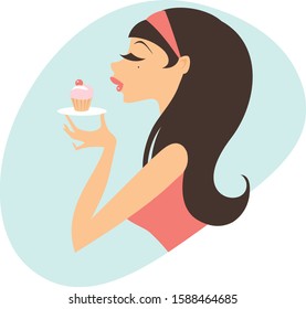 Young girl holding plate with little sweet cupcake flat vector illustration