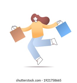 young girl holding purchases holiday sale shopping concept full length isolated vector illustration