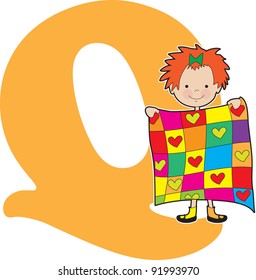 A young girl holding a quilt to stand for the letter Q