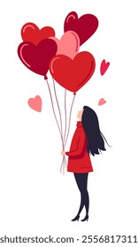 Young girl holding red hearts balloons, flat vector illustration, Love, Valentines Day, date