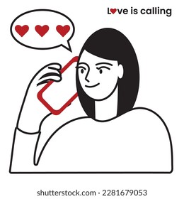 Young girl holding red phone for calling someone to show her love. Flat cartoon character vector illustration. Express love concept.