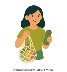 Young girl holding reusable bottle and eco bag with vegetables, promoting sustainable lifestyle.