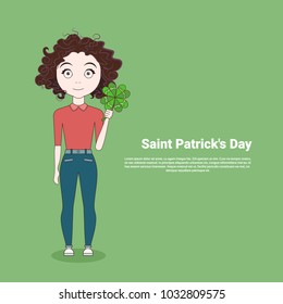 Young Girl Holding Shamrock Over Template Saint Patricks Day Background Vector Illustration