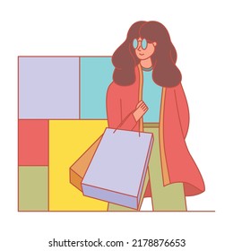 Young girl holding shopping bag flat vector icon illustration