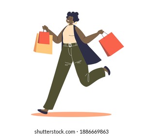 Young girl holding shopping bags happy after buying on sale and discount prices. African american woman running during sales season. Flat vector illustration