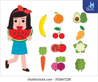 A young girl holding a slice of watermelon.
Healthcare concept. Vector flat icon cartoon design illustration. isolated on white background