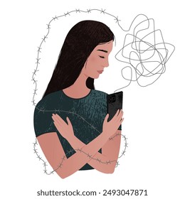 Joven sosteniendo un smartphone. Estafa conceptual, engaño en internet, trampa, problemas, salud mental. Ilustración plana