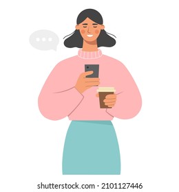 Young girl holding smartphone and a cup of coffee. The woman writes posts or reviews on social networks. Concept of online communication, chat or mobile app use. Flat vector illustration.
