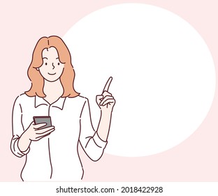 Young girl holding smartphone and pointing to copy space. Hand drawn in thin line style, vector illustrations.