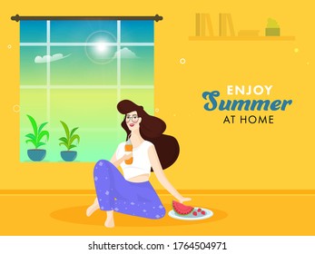 Young Girl holding Soft Drink Bottle with Fruits, Plant Pot and Sunshine Through Window on Yellow Background for Enjoy Summer At Home.